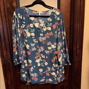 Maurices Teal Floral Split-Neck Blouse with Coral and Cream Flowers 3/4 sleeves